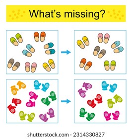 Puzzle game for kids. Task for the development of attention and logic. Find the missing slippers and mittens. Vector illustration.