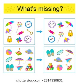 Puzzle game for kids. Task for the development of attention and logic. Find the missing object. Vector illustration.