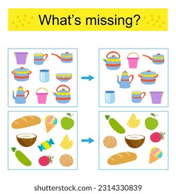 Puzzle game for kids. Task for the development of attention and logic. Find the missing object. Vector illustration.