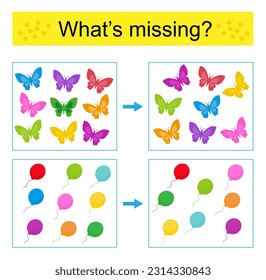 Puzzle-Spiel für Kinder. Aufgabe für die Entwicklung von Aufmerksamkeit und Logik. Finden Sie den fehlenden Ballon und Schmetterling. Vektorgrafik.