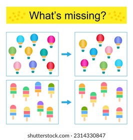 Juego de rompecabezas para los niños. Tarea para el desarrollo de la atención y la lógica. Encuentra el globo de aire que falta y el hielo de la fruta. Ilustración vectorial.