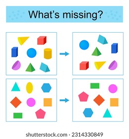 Puzzle game for kids. Task for the development of attention and logic. Find the missing geometric shape. Vector illustration.