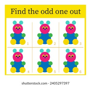 Puzzle game for kids. Task for development of attention and logic. Cartoon toy bear. Vector illustration. 