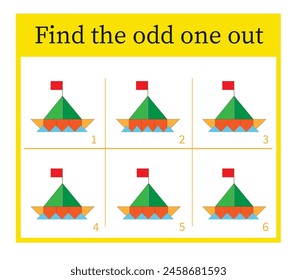 Puzzle game for kids. Task for development of attention and logic. Cartoon paper boat. Vector illustration. 