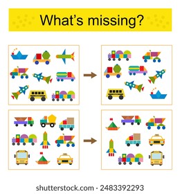 Puzzle game for kids. Task for the development of attention and logic. Find the missing transport. Vector illustration.