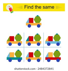 Puzzle game for kids. Task for development of attention and logic. Need to find same group of cartoon truck. 