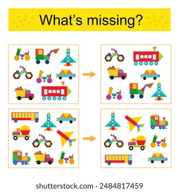 Puzzle game for kids. Task for the development of attention and logic. Find the missing transport. Vector illustration.