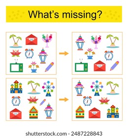 Puzzle game for kids. Task for the development of attention and logic. Find the missing objects. 