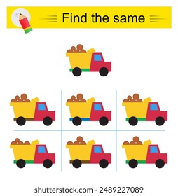 Puzzle game for kids. Task for development of attention and logic. Need to find the exact same dump truck.