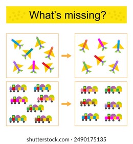 Puzzle game for kids. Task for the development of attention and logic. Find the missing train and airplane. Vector illustration.