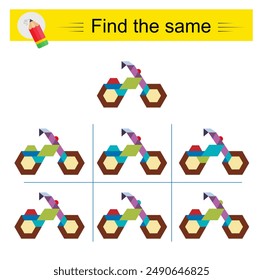 Puzzle game for kids. Task for development of attention and logic. Need to find the exact same bicycle. 