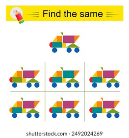 Puzzle game for kids. Task for development of attention and logic. Need to find same dump truck. 