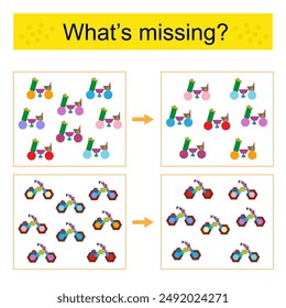 Puzzle game for kids. Task for the development of attention and logic. Find the missing bicycle and motorcycle. 