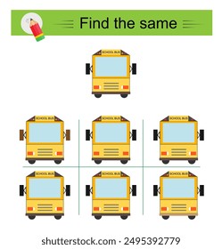 Puzzle game for kids. Task for development of attention and logic. Need to find same group of school buses. 