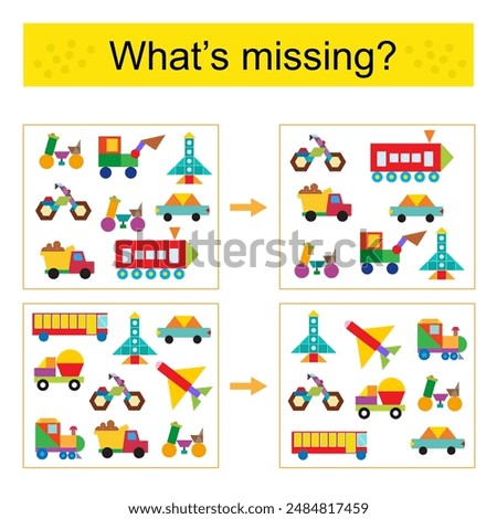 Puzzle game for kids. Task for the development of attention and logic. Find the missing transport. Vector illustration.