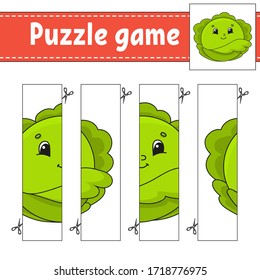 Puzzle game for kids. Vegetable cabbage. Cutting practice. Education developing worksheet. Activity page.Cartoon character.