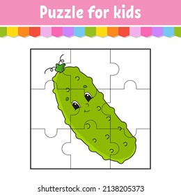 Juego de rompecabezas para los niños. Número de verduras. Piezas de rompecabezas. Hoja de cálculo de color. Actividad. Ilustración vectorial aislada. estilo de dibujos animados.