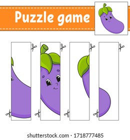 Puzzle game for kids. Vegetable eggplant. Cutting practice. Education developing worksheet. Activity page.Cartoon character.