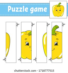 Puzzle game for kids. Vegetable pepper. Cutting practice. Education developing worksheet. Activity page.Cartoon character.