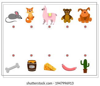 A puzzle game for kids. Where is whose food. Choose the right food for the cartoon animals. Mouse cat llama bear dog