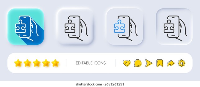 Puzzle game line icon. Neumorphic, Flat shadow, 3d buttons. Jigsaw piece with phone sign. Business challenge symbol. Line puzzle game icon. Social media icons. Vector