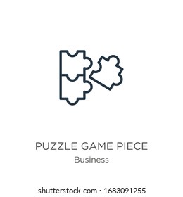 Puzzle game piece icon. Thin linear puzzle game piece outline icon isolated on white background from business collection. Line vector sign, symbol for web and mobile