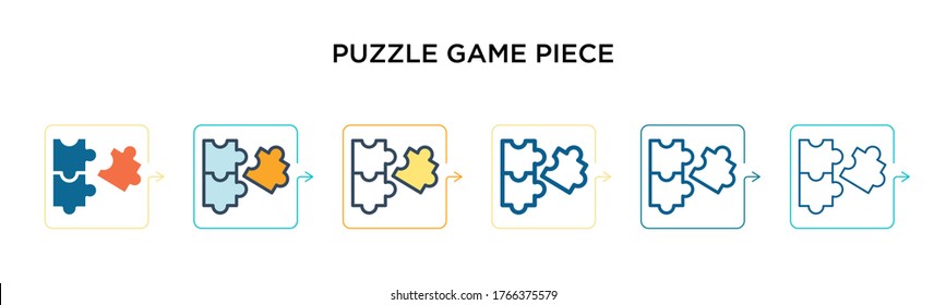 Puzzle game piece vector icon in 6 different modern styles. Black, two colored puzzle game piece icons designed in filled, outline, line and stroke style. Vector illustration can be used for web, 