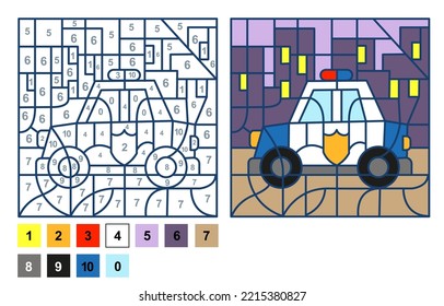 Puzzle game police car, color by number sheet for children. Vector coloring page for learning numbers