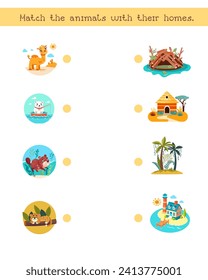 Puzzle game for preschool children. Activity for kids. Lead animals to their homes. Cartoon vector illustration. 