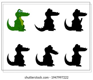 a puzzle game for preschool children. find the right shadow. Crocodile cartoon. Silhouette. Vector illustration