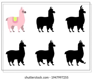 a puzzle game for preschool children. find the right shadow. The llama is cartoon. Silhouette. Vector illustration