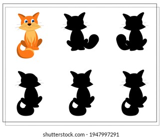 a puzzle game for preschool children. find the right shadow. Cartoon cat. Silhouette. Vector illustration