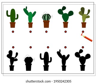 a puzzle game for preschool children. find the right shadow. Cacti. Silhouette. Vector