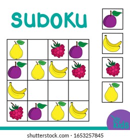 Puzzle game for preschool children and schoolchildren. Vector illustration. Sudoku with fruits
