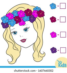 Puzzle game for preschool children. Vector illustration. Count flowers of a certain color
