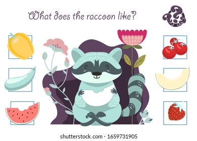 Puzzle game for preschool children. What a raccoon likes. Vector