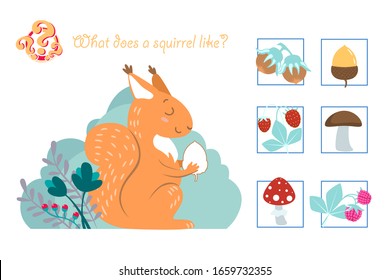 Puzzle game for preschool children. What a squirrel likes. Vector