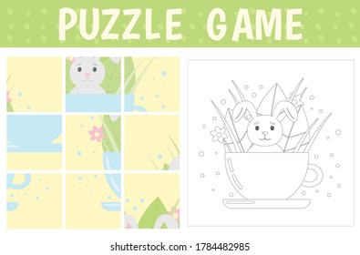 Puzzle game: rabbit in a cup with leaves and flowers. Assemble a picture from the details. Color the picture. Vector illustration.