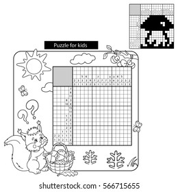 Puzzle Game for school Children. Coloring Page Outline Of squirrel with mushrooms. Black and white japanese crossword with answer. Nonogram. Graphic crossword. Coloring book for kids