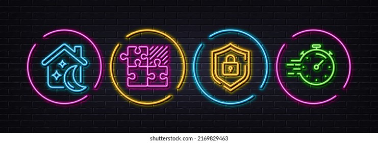 Puzzle game, Sleep and Shield minimal line icons. Neon laser 3d lights. Timer icons. For web, application, printing. Jigsaw combination, Sleeping house, Secure lock. Deadline management. Vector