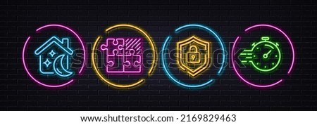 Puzzle game, Sleep and Shield minimal line icons. Neon laser 3d lights. Timer icons. For web, application, printing. Jigsaw combination, Sleeping house, Secure lock. Deadline management. Vector