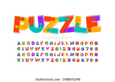 Puzzle game style 3d font, jigsaw puzzle alphabet letters and numbers, vector illustration