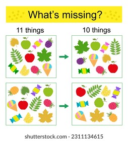 Puzzle game. Task for the development of attention and logic for children. Find the missing object. Vector illustration.