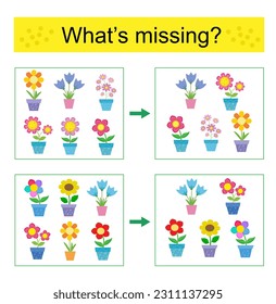 Puzzle game. Task for the development of attention and logic for children. Find the missing object. Vector illustration.
