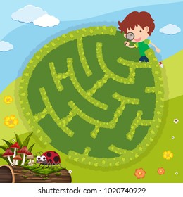 Puzzle game template with boy and bug illustration