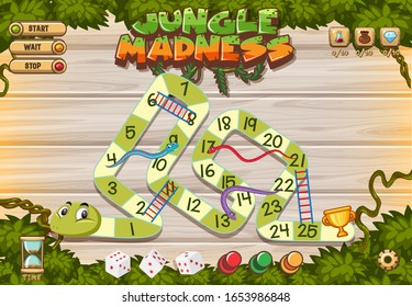 Puzzle game template with green snake in the woods illustration