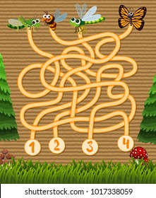 Puzzle game template with insects in garden illustration