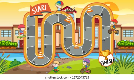 Puzzle game template with kids and school building in background illustration