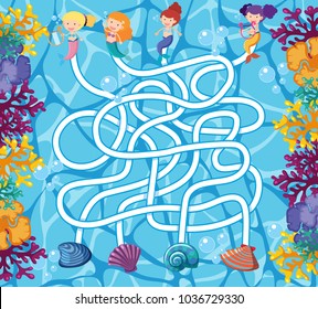 Puzzle game template with mermaids in ocean illustration