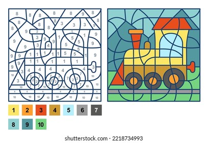 Puzzle game train locomotive, color by number sheet for children. Vector coloring page for learning numbers